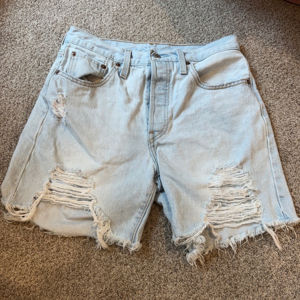 Levis 501 Original Light Wash Distressed Denim Shorts W27 High Rise Cut Offs